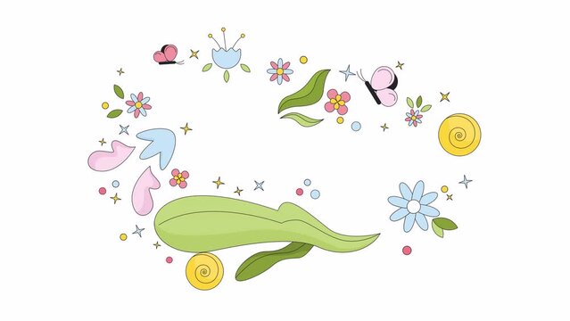 Leaves flowers butterflies line 2D frame animation. Summer plants flat color cartoon 4K video, alpha channel. Springtime easter. Summertime nature. Floral blossom animated border on white background