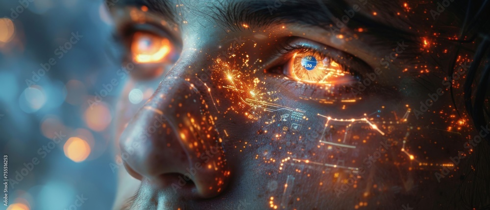 Aufkleber The Arab man is using a hologram, a futuristic user interface concept. Graphical User Interface (GUI). Head up display (HUD). The Internet of Things is used.