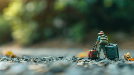 miniature traveler walking with luggage. concept of adventure and backpacker.