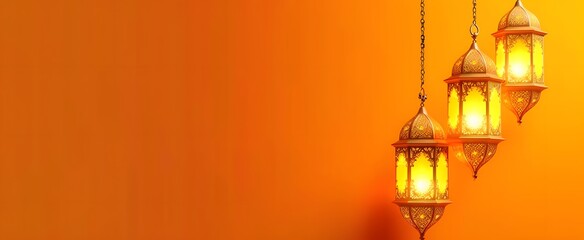 Fototapeta na wymiar Arabic lantern ramadan isolated on yellow, orange gradient background. copy space concept, mockup. 