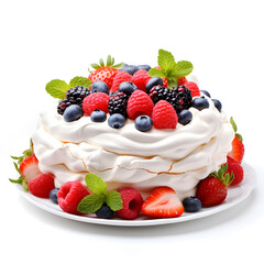 Pavlova cake meringue cake with fresh berries and fruits isolated on white background
