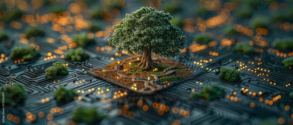 Poster cspr and it ethics concept with tree growing on converging point of computer circuit board. blue lig
