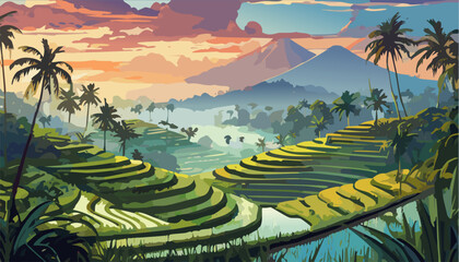 Bali landscape rice terraces and mountains in the morning