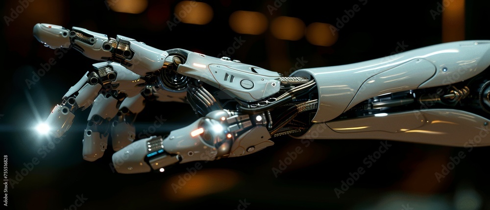 Poster artificial intelligence, future technology, and business concept. a robot and human hand are display
