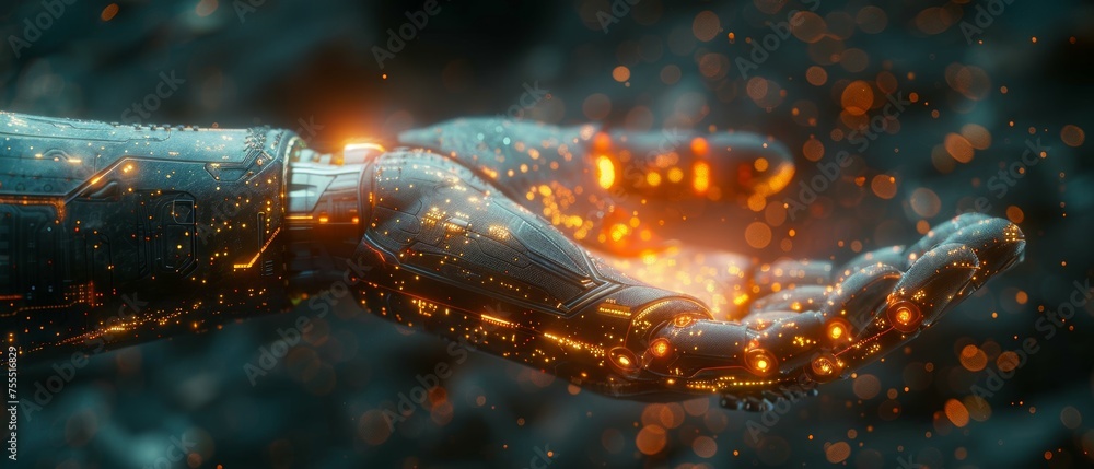 Poster robotic and human hand with flash light and virtual screen projection over black background - artifi