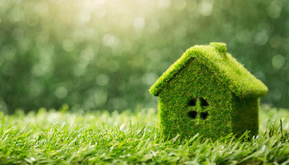 Small green eco house on grass with copy space