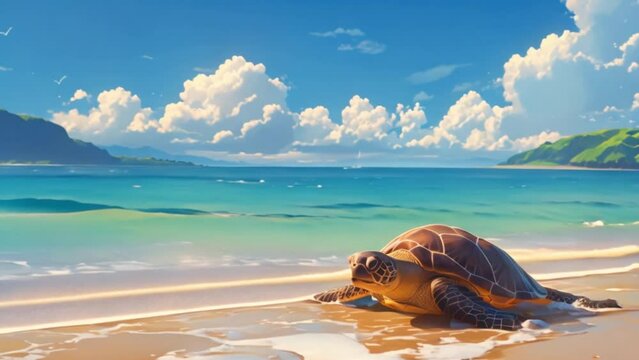 anime style video, turtle on the beach