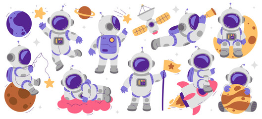 Cute astronauts cartoon characters wearing spacesuit and helmet in different poses isolated set