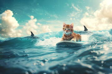 cute ginger cat sitting on surfboard surrounded by sharks in crystal clear water