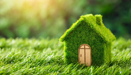 Obraz na płótnie Canvas Small green eco house on grass with copy space