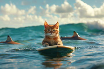 cute ginger cat sitting on surfboard surrounded by sharks in crystal clear water