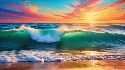 oil painting of colorful sky, ocean wave and sunset over the sea