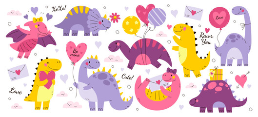 Estores personalizados infantiles con tu foto Romantic dinosaur cute characters colorful prints set, lovely monsters sending adoration and love