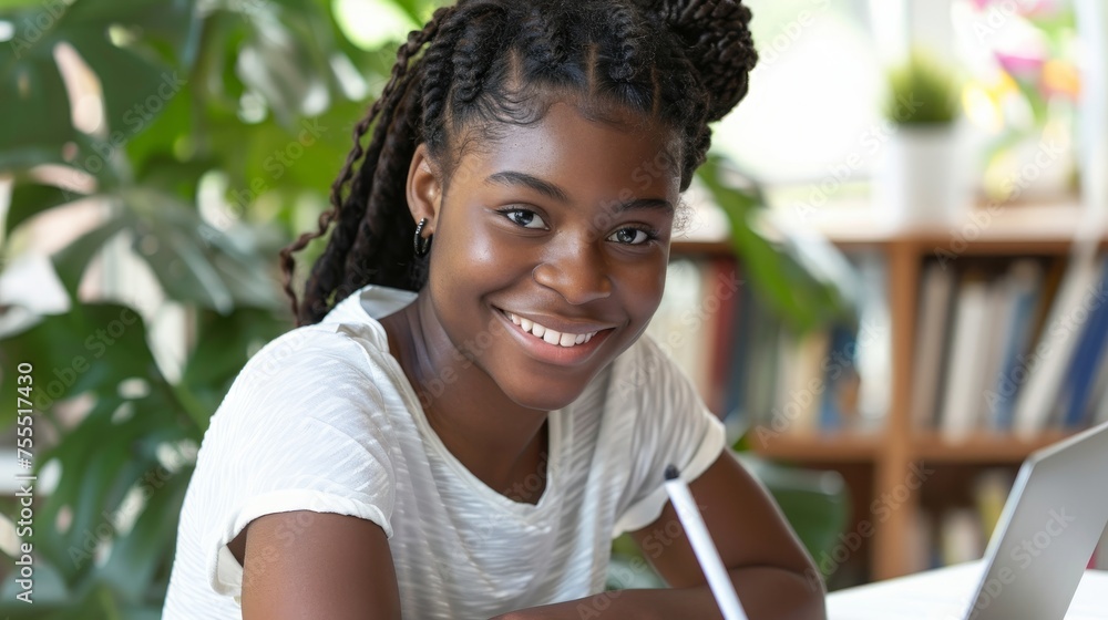 Aufkleber smiling young african american woman sitting at desk using laptop, taking notes in notebook, happy m