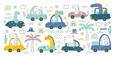 Cute childish dinosaur drivers racing at steering wheel of automobile vector illustration set