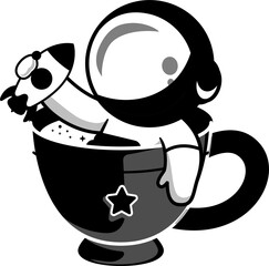 Cute Astronaut Holding Rocket In Coffee Space Cartoon Vector Icon Illustration Science Drink Isolate