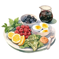 Board with Delicious breakfast Watercolor illustration on white background AI generated - 755517645