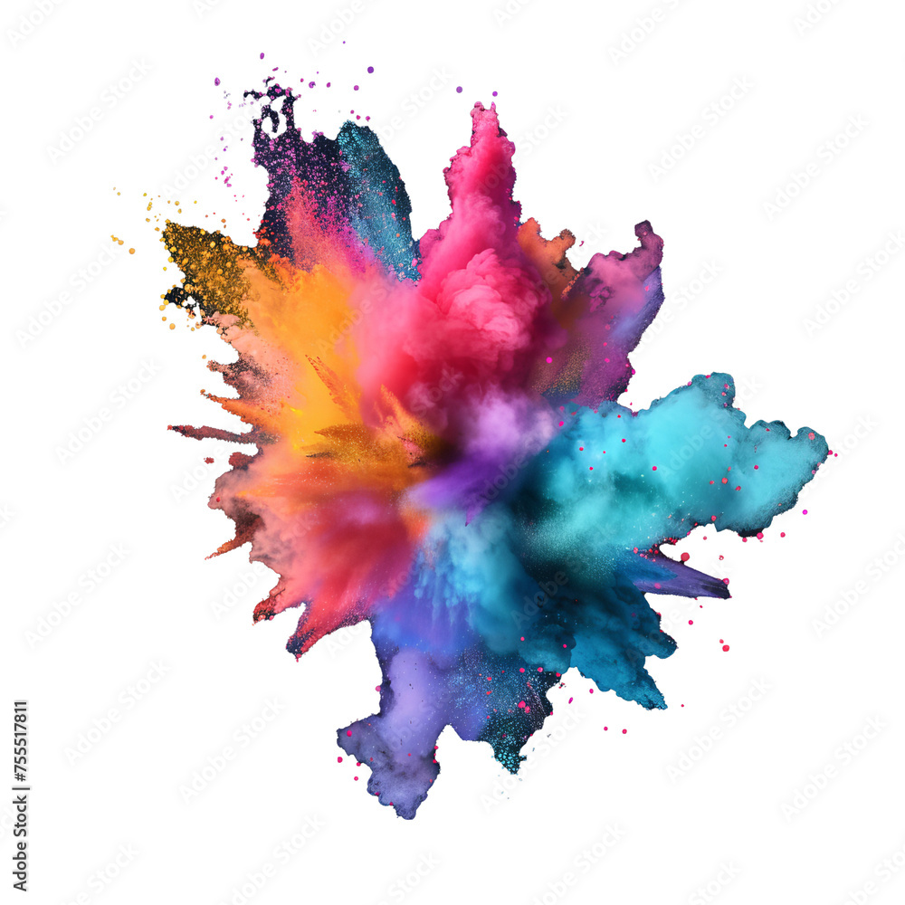 Poster splash of paint dust with particles on transparent background. realistic set of burst effect of colo