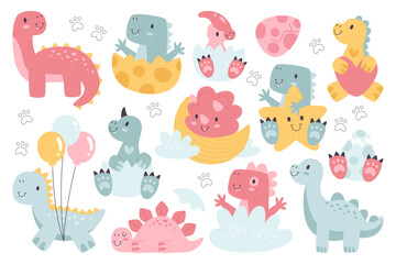 Cute baby shower characters with funny dinosaurs collection isolated set for greeting card design