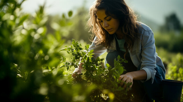 Young woman takes care of plants in an outdoor field. - Sustainability and agriculture for plant growth