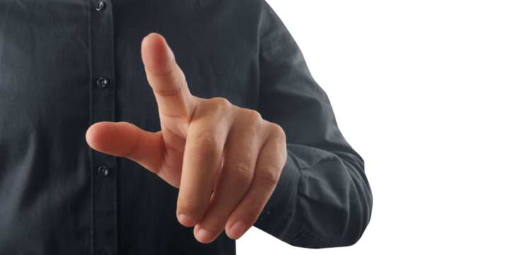 Businessman pressing button virtual screen - Powered by Adobe