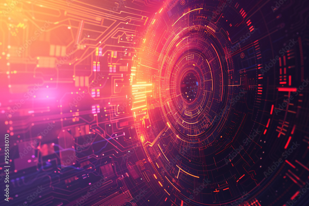Poster vivid neon tech design with digital patterns and circular futuristic elements