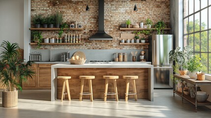 Zero waste lifestyle scene in a modern, minimalist kitchen focusing on sustainability
