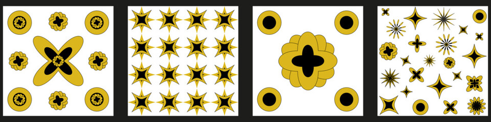 Set of four black and yellow geometric tiles with star and flower motifs.