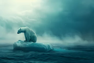 Zelfklevend Fotobehang polar bear sitting on small ice floe in the Arctic Ocean, blue sky and white clouds overhead, climate change © zgurski1980