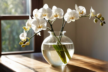 White orchid flower decoration in a glass vase with sunlight on wooden table with copy space,...