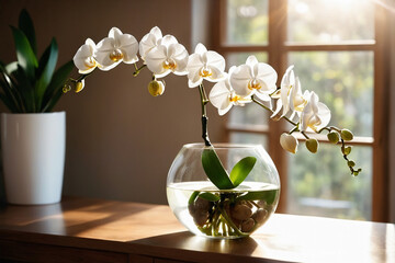 White orchid flower decoration in a glass vase with sunlight on wooden table with copy space,...