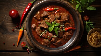 Spicy beef stew from Padang or rendang Padang on a wooden plate in the kitchen room.