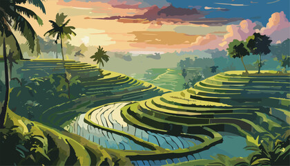 Bali landscape rice terraces and mountains in the morning - obrazy, fototapety, plakaty