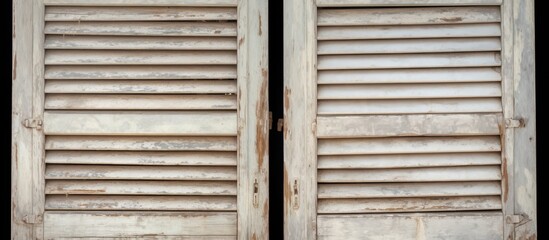 The image shows a pair of closed shutters in front of a window. The shutters are white painted with dusty wooden slats, completely blocking any view from the window.