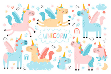 Cute unicorn character funny mythological and magical creature fairytale animal design elements - obrazy, fototapety, plakaty