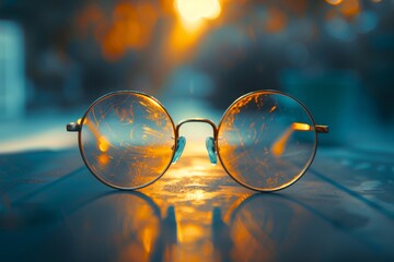 a pair of round glasses on a table - Powered by Adobe