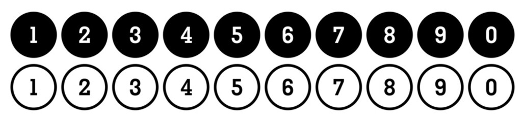 Number bullet points vector set. Simple flat numbers 0, 1 to 9, design isolated on transparent.