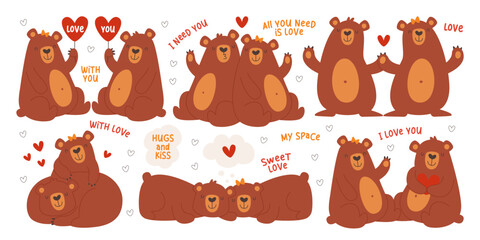 Romantic bear couple loving male and female grizzly funny cartoon characters vector illustration