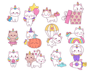 Cute unicorn cats fantasy characters doodles for birthday, Halloween, baby shower greeting card