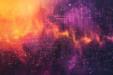 Obraz premium Abstract background with floating digital particles in purple and gold hues
