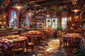 A lively Italian trattoria with tables set with checkered cloths, baskets of warm bread, and plates of pasta piled high with marinara sauce.  - obrazy, fototapety, plakaty