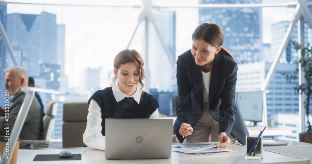 Poster professional female lawyer and intern talking and working on laptop computer in skyscraper office in