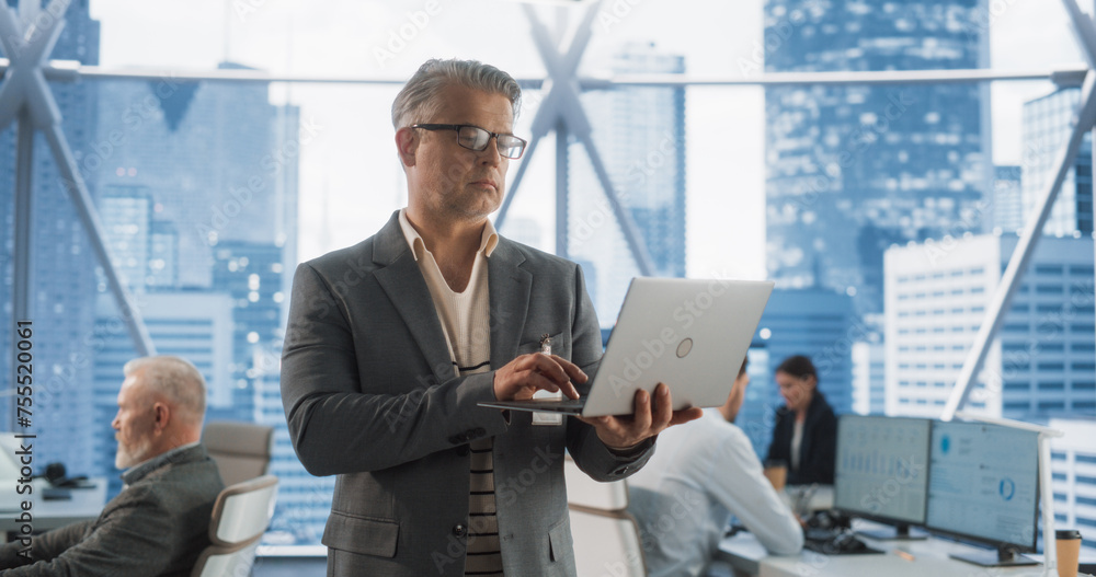 Poster succeful caucasian businessman walking in modern office with diverse employees in downtown skyscrape