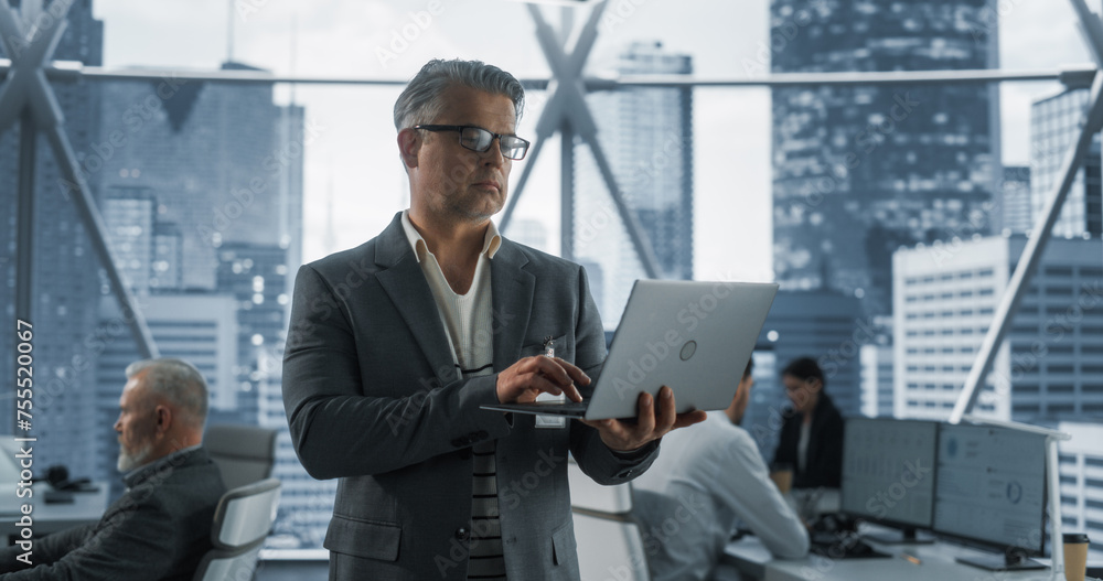Poster succeful caucasian businessman walking in office with diverse employees in downtown skyscraper. midd