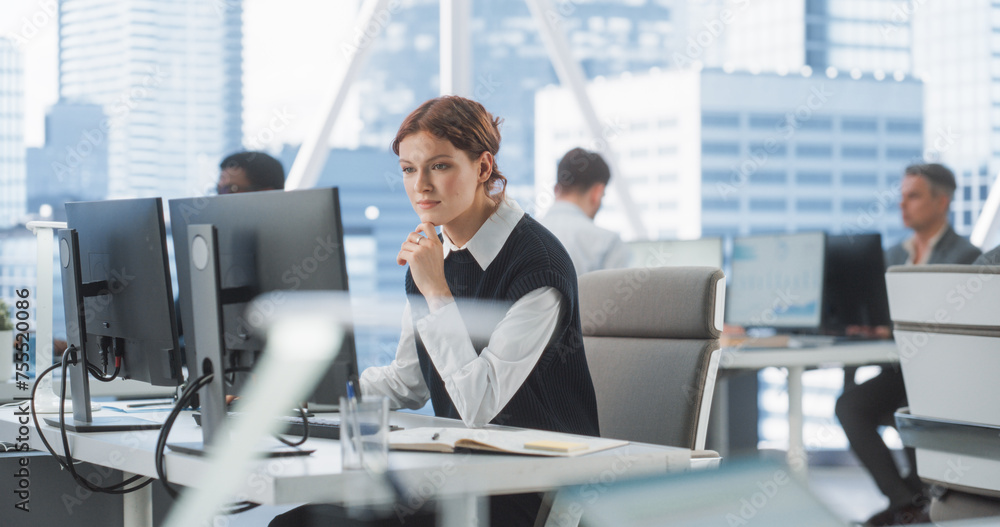 Poster Happy Female Account Manager Typing On Desktop Computer In Diverse Corporate Office With Megapolis Window View. Professional Caucasian Woman Taking Notes and Creating Report For Consulting Company.