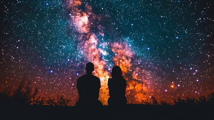 Two individuals standing and looking up at the stars in the night sky
