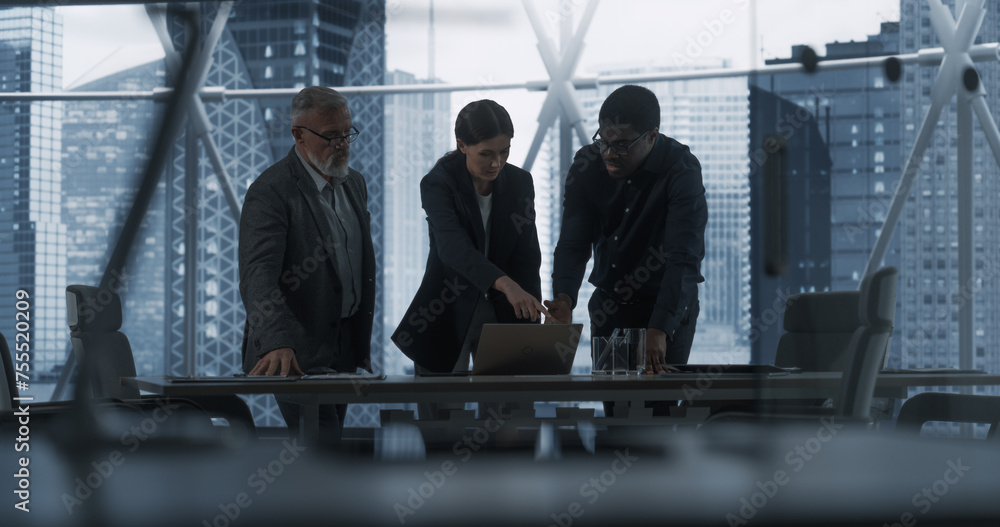 Aufkleber three diverse colleagues entering office meeting room to discuss business strategy. male and female 
