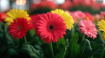 Close-up view of a bunch of bright, colorful flowers in various shades