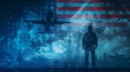 a silhouette of a man and a plane in front of a flag - obrazy, fototapety, plakaty