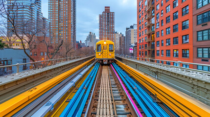 Yellow train moving along tracks beside skyscrapers